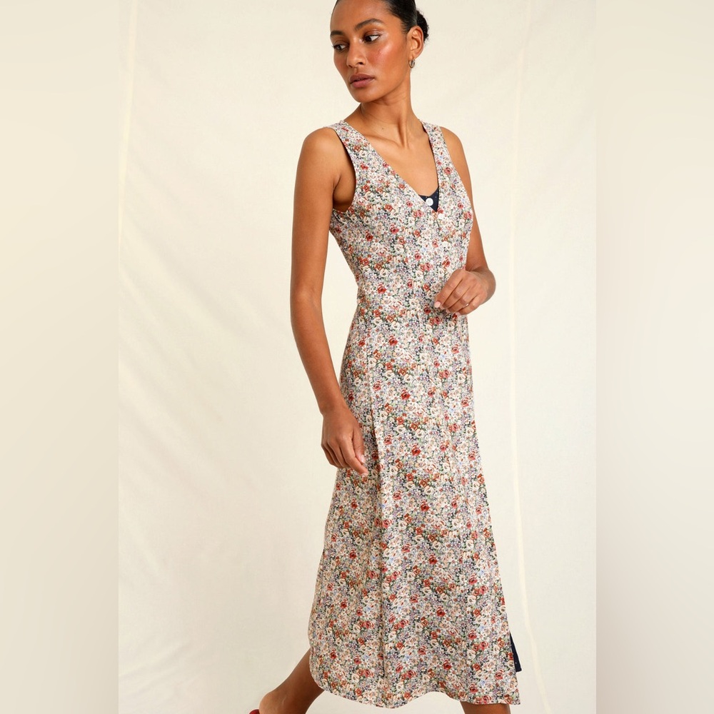 ROUJE Floral Navy Polka Dot Printed Layered Sleeveless Button Down Lorine Dress - Picture 8 of 14